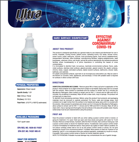 Ultra Professional™ - Q200 HARD SURFACE DISINFECTANT inc spray head